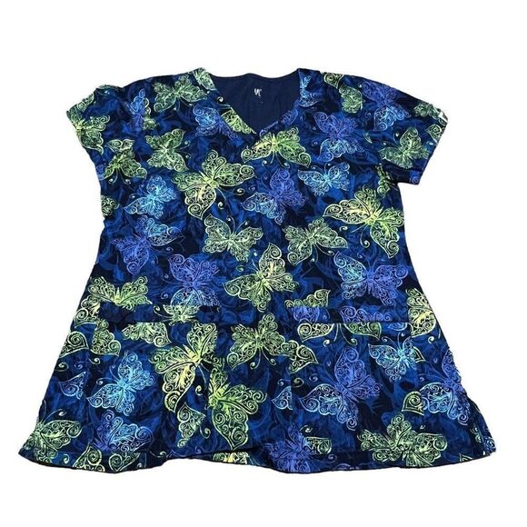 Women's MC2 Blue Pattern Size Small Scrub Top Green Blue Butterflies Butterfly - Picture 1 of 4